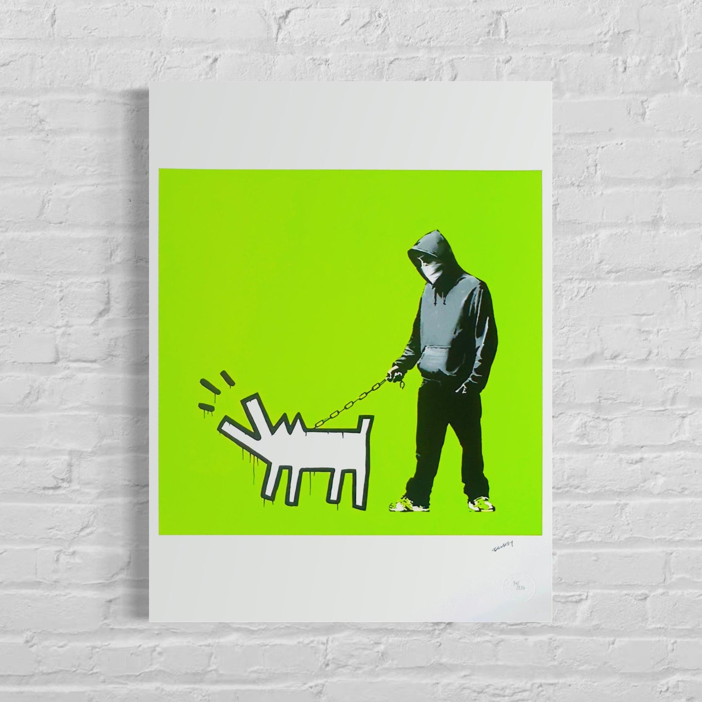 Genummerde editie BANKSY Barking dog (lichtgroen) Gesigneerd - certificaat - Wall Art, Grafitti Art, Lithograph, Stencil Art