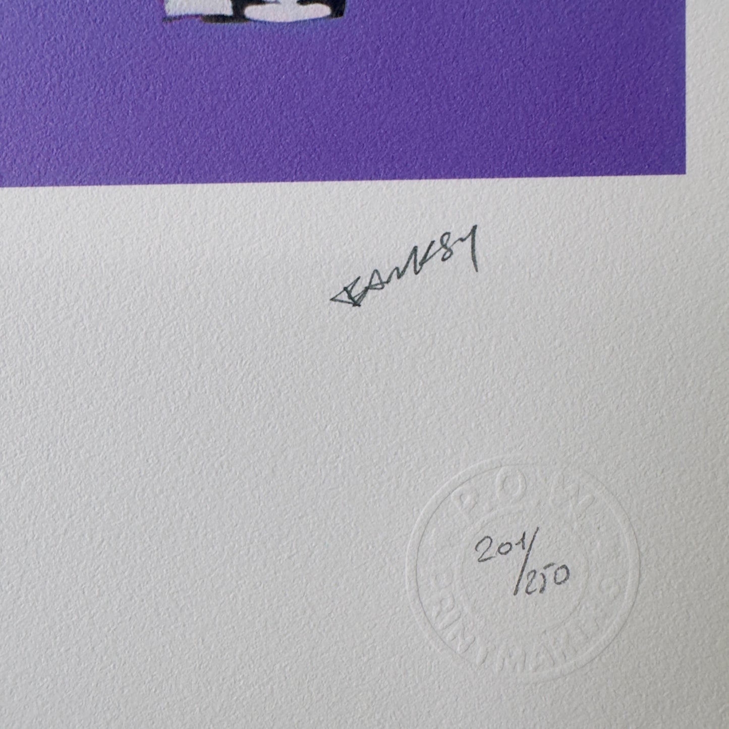 Genummerde editie BANKSY Barking dog (paars) Gesigneerd - certificaat - Wall Art, Grafitti Art, Lithograph, Stencil Art