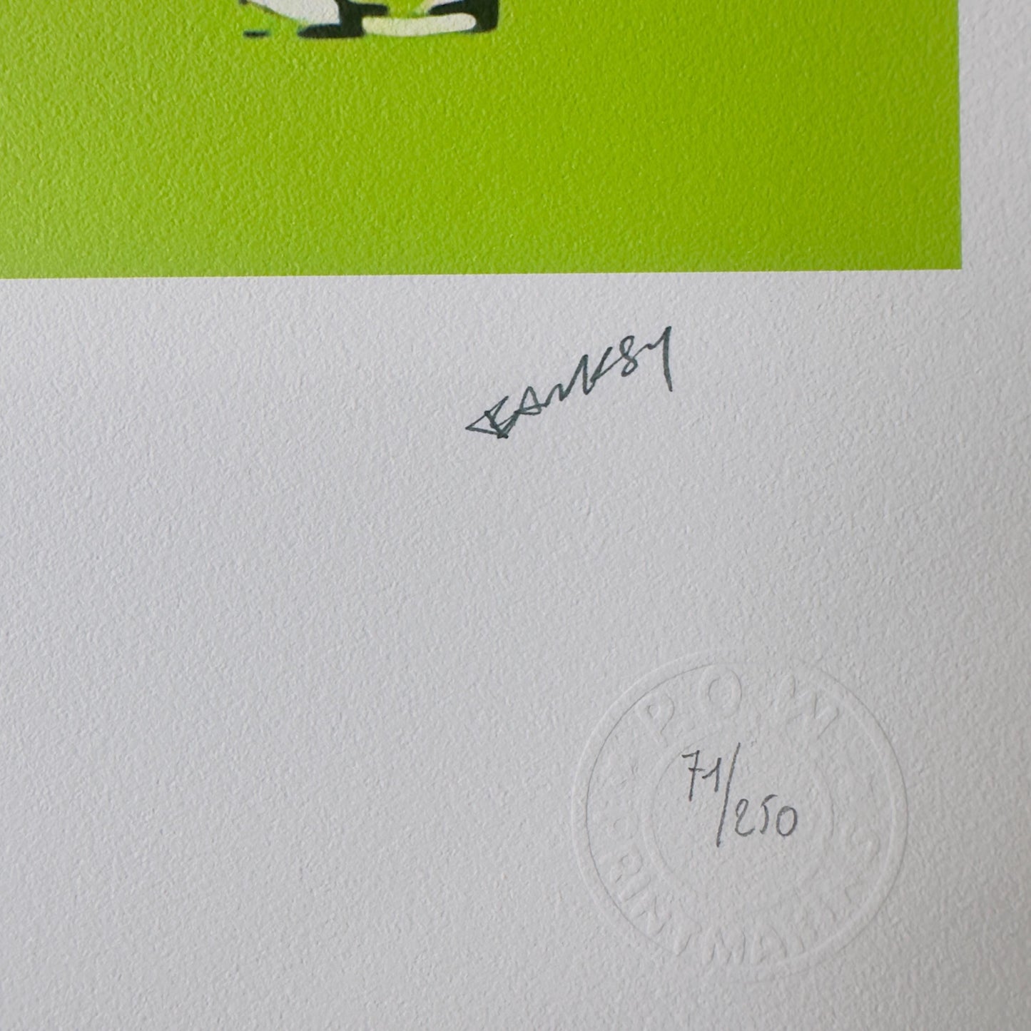 Genummerde editie BANKSY Barking dog (lichtgroen) Gesigneerd - certificaat - Wall Art, Grafitti Art, Lithograph, Stencil Art