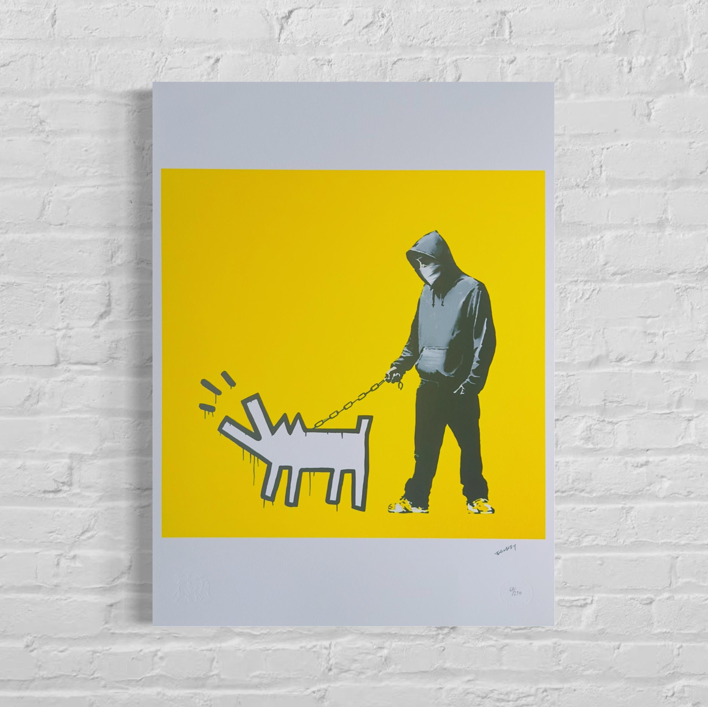 Genummerde editie BANKSY Barking dog (geel) Gesigneerd - certificaat - Wall Art, Grafitti Art, Lithograph, Stencil Art