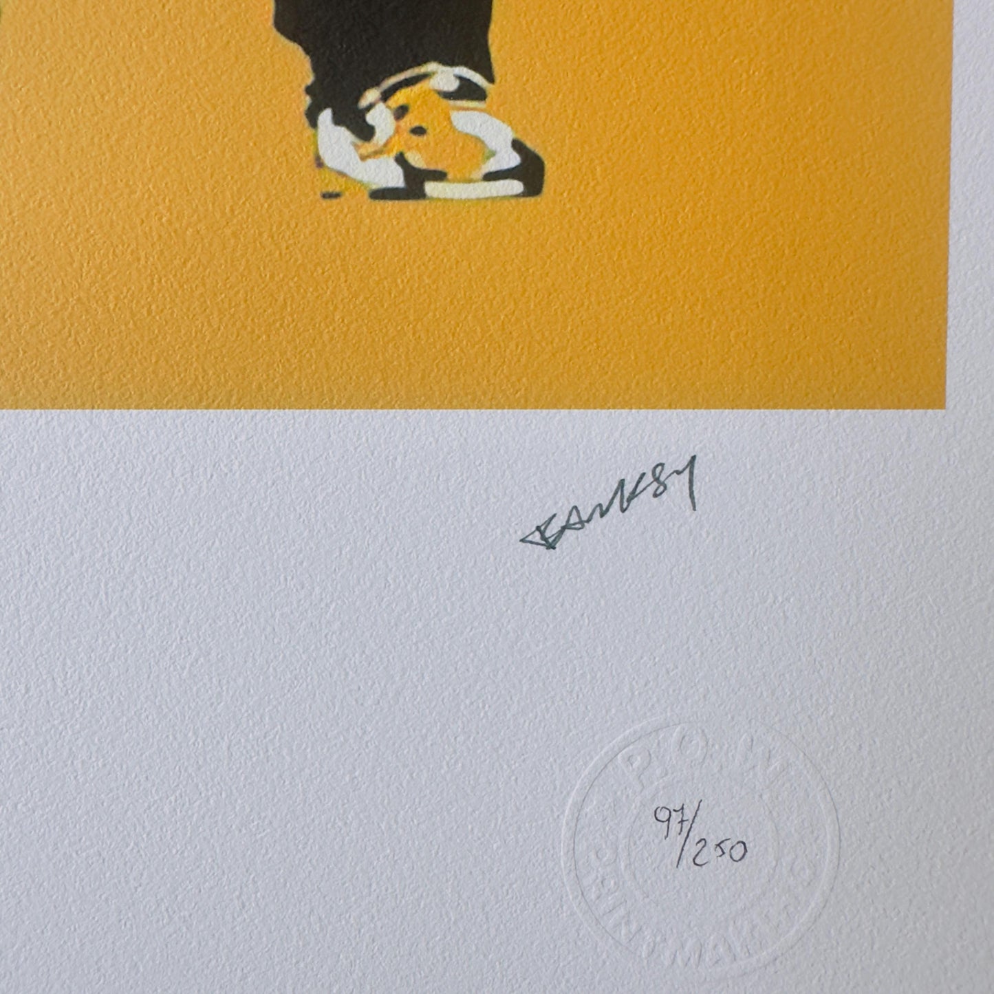 Genummerde editie BANKSY Barking dog (oker geel) Gesigneerd - certificaat - Wall Art, Grafitti Art, Lithograph, Stencil Art