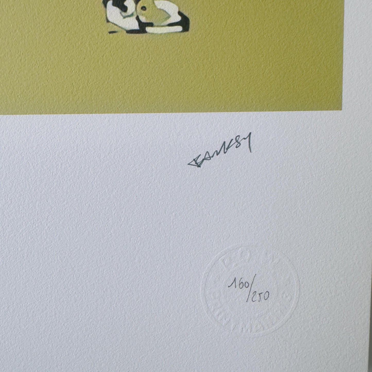 Genummerde editie BANKSY Barking dog (kaki geel) Gesigneerd - certificaat - Wall Art, Grafitti Art, Lithograph, Stencil Art