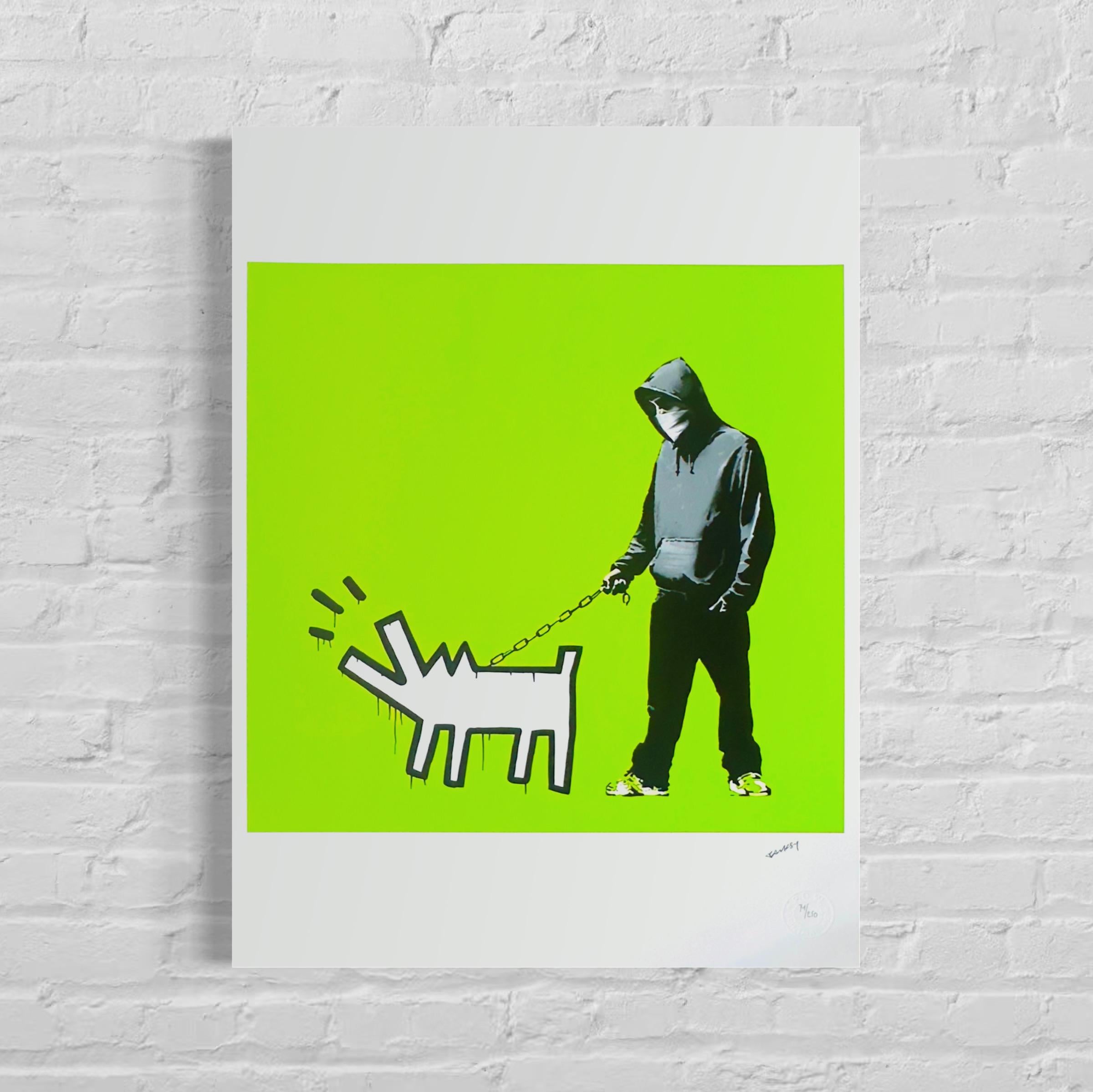 Genummerde editie BANKSY Barking dog (lichtgroen) Gesigneerd - certificaat - Wall Art, Grafitti Art, Lithograph, Stencil Art