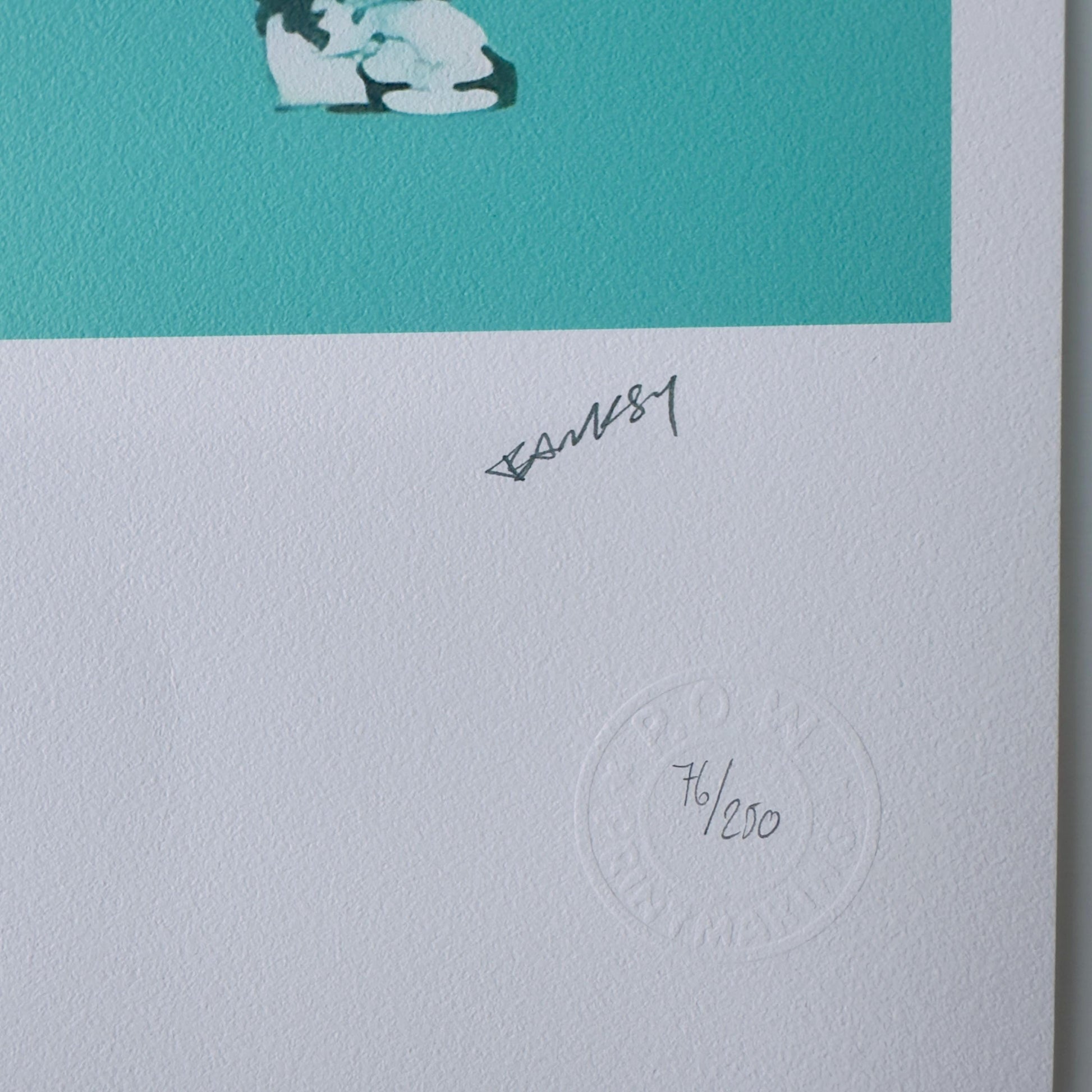 Genummerde editie BANKSY Barking dog (turquoise) Gesigneerd - certificaat - Wall Art, Grafitti Art, Lithograph, Stencil Art