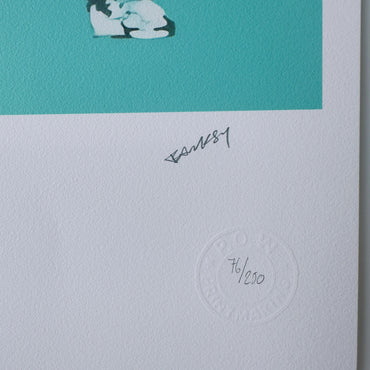 Genummerde editie BANKSY Barking dog (turquoise) Gesigneerd - certificaat - Wall Art, Grafitti Art, Lithograph, Stencil Art