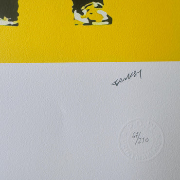 Genummerde editie BANKSY Barking dog (geel) Gesigneerd - certificaat - Wall Art, Grafitti Art, Lithograph, Stencil Art
