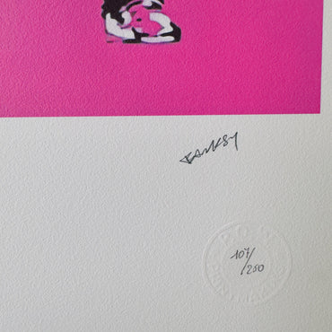 Genummerde editie BANKSY Barking dog (lichtpaars) Gesigneerd - certificaat - Wall Art, Grafitti Art, Lithograph, Stencil Art