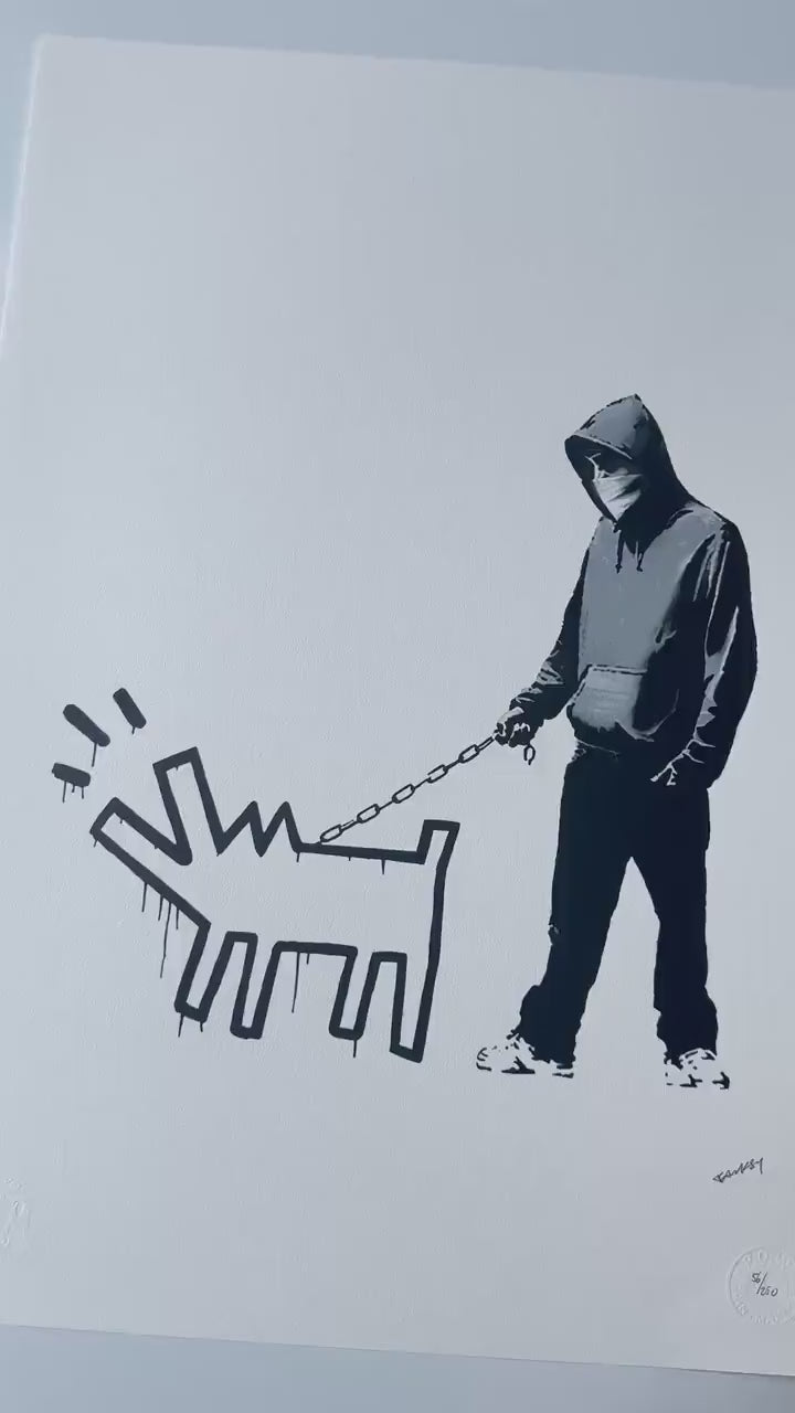 Genummerde editie BANKSY Barking dog (wit) Gesigneerd - certificaat - Wall Art, Grafitti Art, Lithograph, Stencil Art