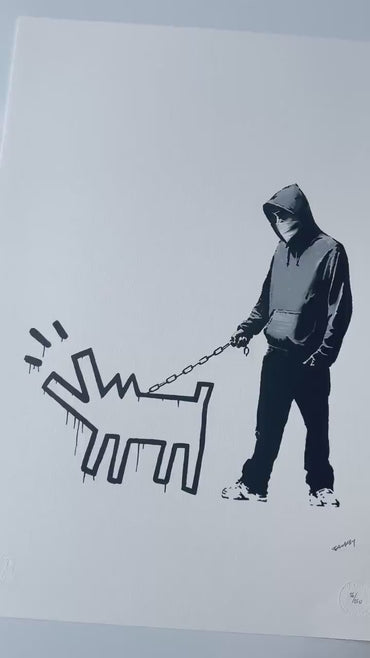Genummerde editie BANKSY Barking dog (wit) Gesigneerd - certificaat - Wall Art, Grafitti Art, Lithograph, Stencil Art