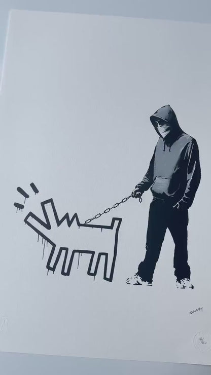 Genummerde editie BANKSY Barking dog (wit) Gesigneerd - certificaat - Wall Art, Grafitti Art, Lithograph, Stencil Art