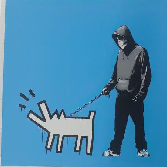 Genummerde editie BANKSY Barking dog (blauw) Gesigneerd - certificaat - Wall Art, Grafitti Art, Lithograph, Stencil Art