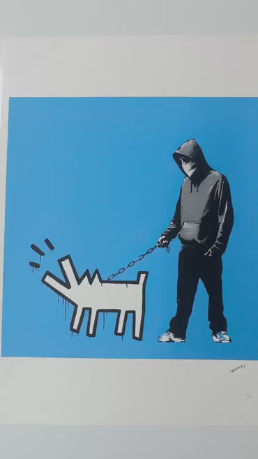 Genummerde editie BANKSY Barking dog (blauw) Gesigneerd - certificaat - Wall Art, Grafitti Art, Lithograph, Stencil Art